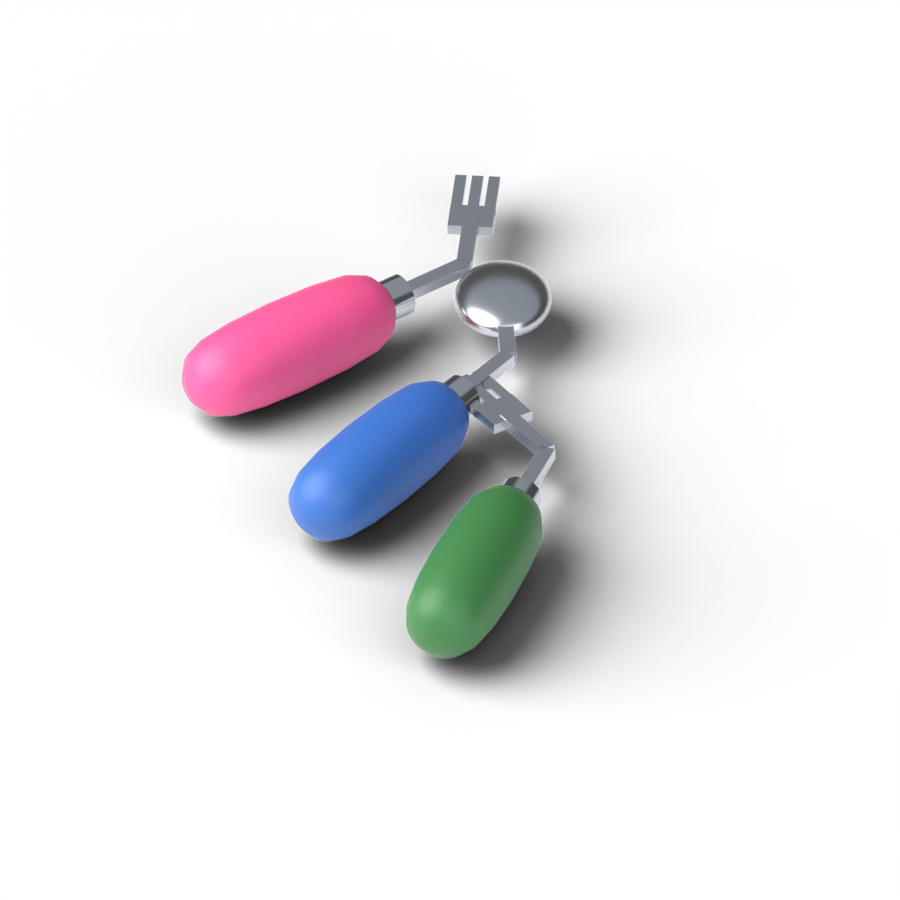 Three utensils with fat pink, blue and green grips, each with its metal head bent over at an angle.