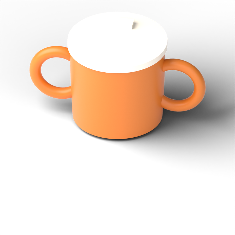 An orange mug with a cream lid and a round loop handle on each side.