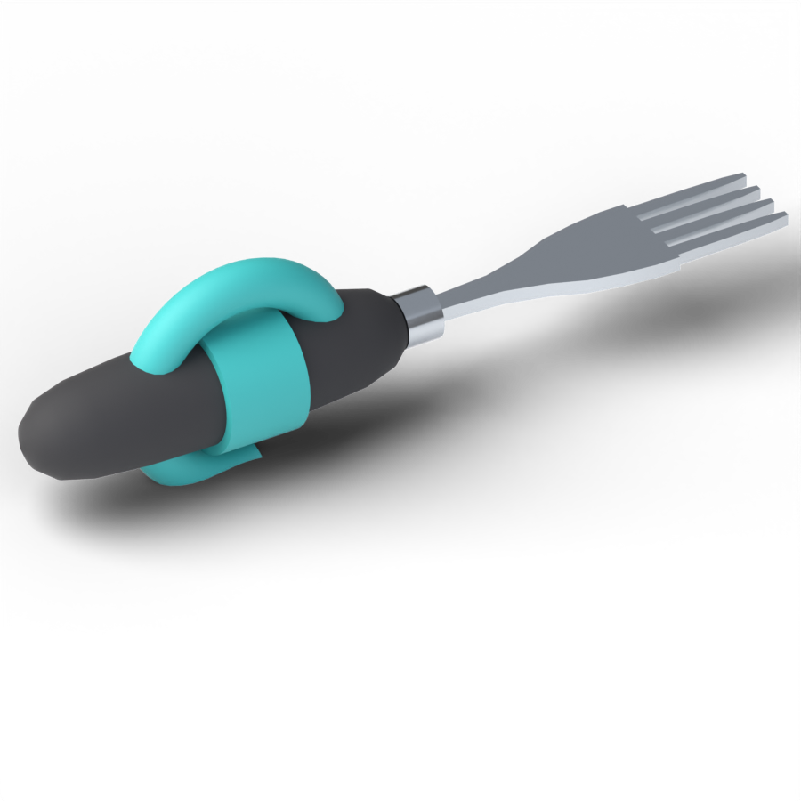 A weighted fork with a teal silicone cuff looped around its handle.