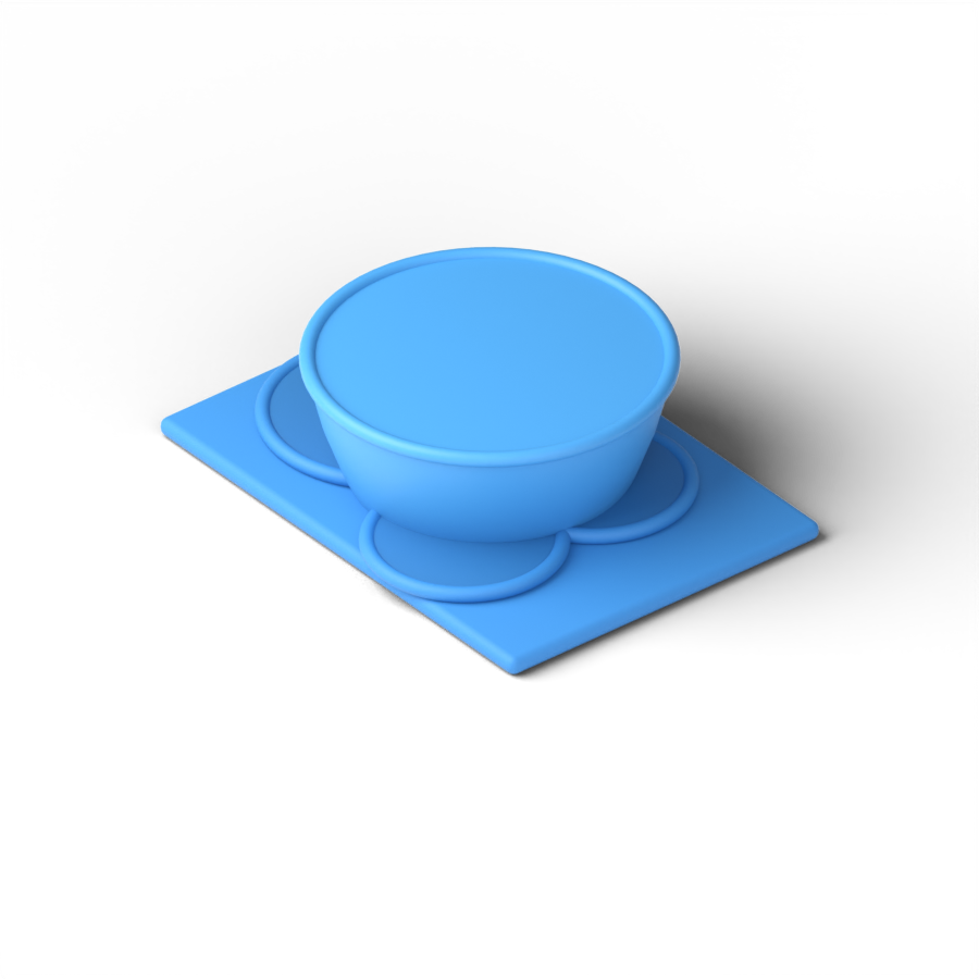 A blue moulded placemat with three round wells pressed into it, and a matching blue bowl sitting in one of them.