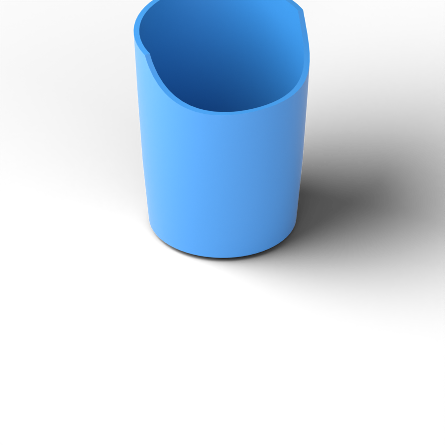 A blue cup with a curved notch cut out of one side of its rim.