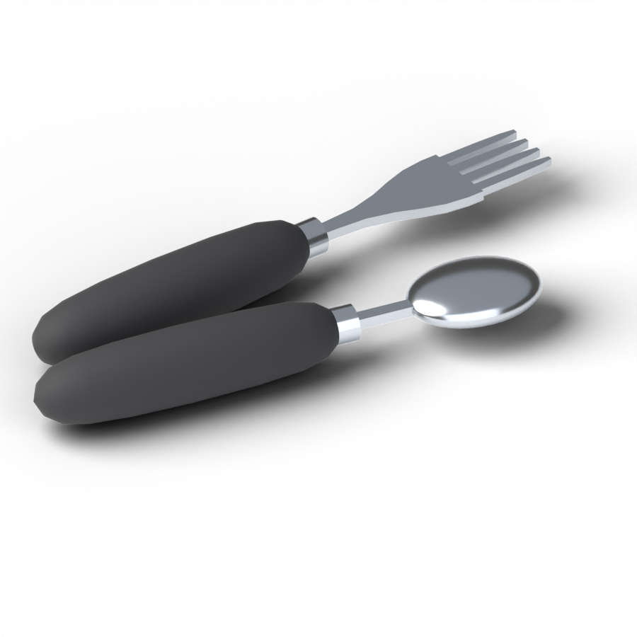 A fork and a spoon, each with a thick black barrel-shaped grip and a chrome collar.